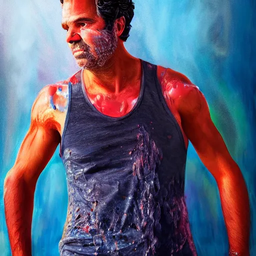 Prompt: Brandon Bird portrait of Mark Ruffalo spilling BBQ Sauce over his white tank top, painting, digital art, vibrant colors, extreme detail, 8k HDR,