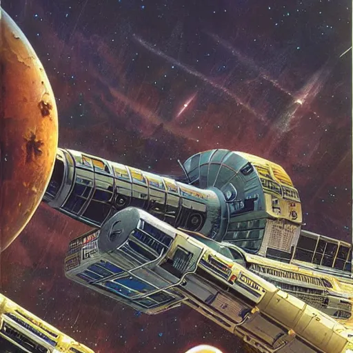 Prompt: abandoned space station, peter elson, tony roberts, jim burns, chris foss