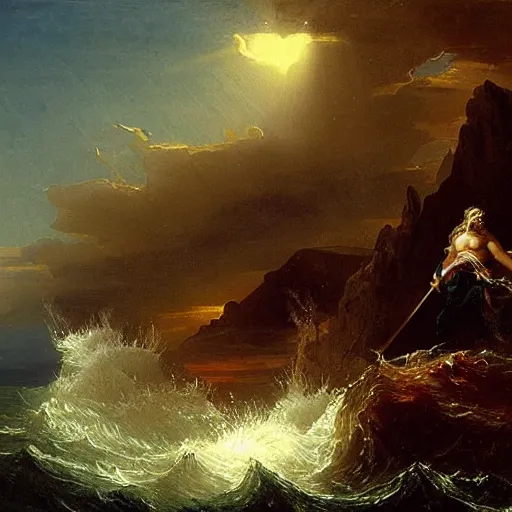 Image similar to portrait of proud and screaming Poseidon rising from the ocean, ready to fight with trident, fantasy art, by Thomas Cole, dark colors, sinister atmosphere
