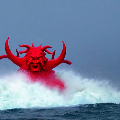 Image similar to a devilish red monster with horns emerging from boiling rough seas, photo by david lachapelle, s - 5 0