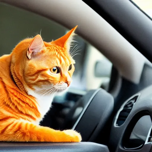 Image similar to an orange tabby cat driving a car