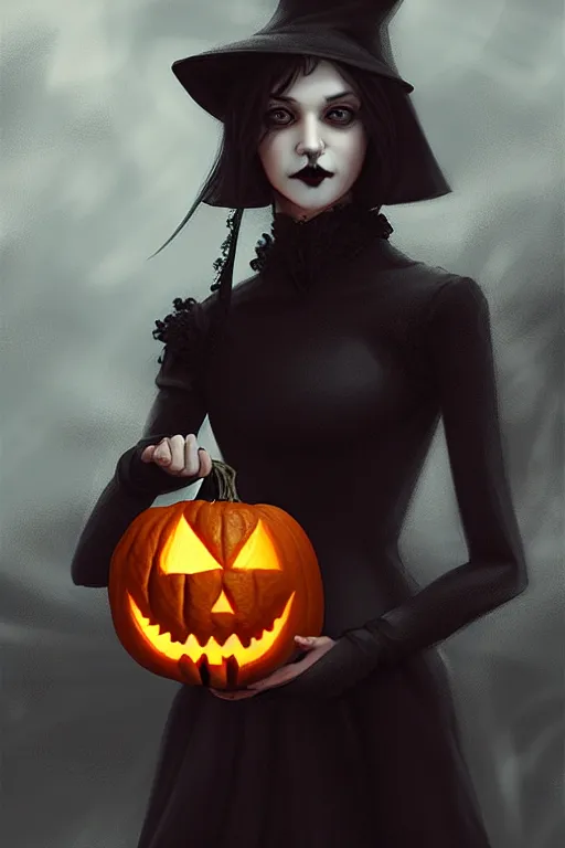 Prompt: portrait of a ghoulish victorian witch dark cheekbones holding a jack - o - lantern, halloween night, charlie bowater, artgerm, ilya kuvshinov, krenz cushart, ruan jia, realism, ultra detailed, 8 k resolution