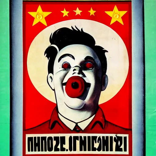 Image similar to young man as communist clown, soviet propaganda style poster