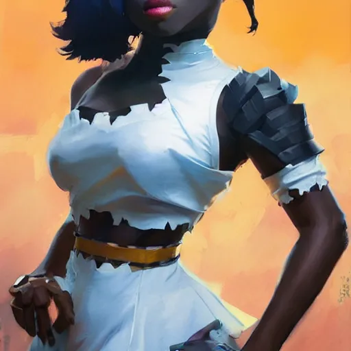 Image similar to greg manchess portrait painting of african yorha type a no. 2 as african tracy from overwatch, back shot, asymmetrical, profile picture, organic painting, sunny day, matte painting, bold shapes, hard edges, street art, trending on artstation, by huang guangjian and gil elvgren and sachin teng
