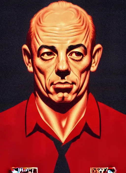 Image similar to Twin Peaks poster artwork by Michael Whelan and Bob Larkin, of portrait of Joe Rogan in red flannel, spotlight from the sky shining on him, from scene from Twin Peaks, clean, simple illustration, nostalgic, domestic