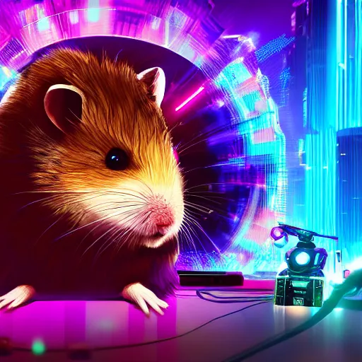 Prompt: hamster with rainbow fur in the style of cyberpunk 2 0 7 7, 8 k, hd, light reflection