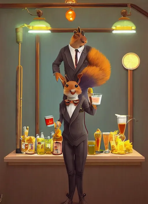 Image similar to squirrel anthro as a dapper bartender with a big, fluffy tail, retro futurism, art deco, detailed, painterly digital art by WLOP and Cory Loftis and Victor Nizovtsev, 🐿🍸🍋, furaffinity, trending on artstation