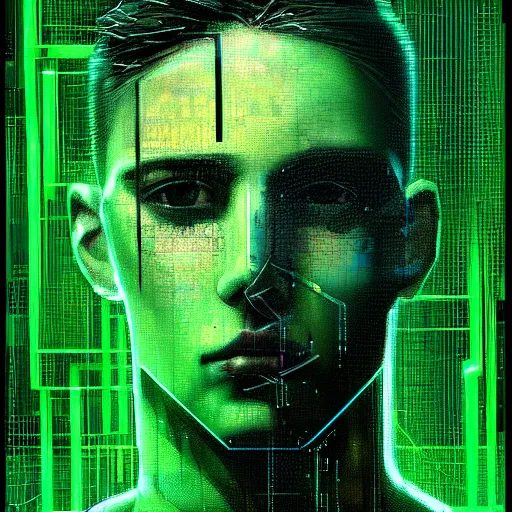 Image similar to hyperrealistic portrait of a cyberpunk teenager, male, short hair, confident, cybernetics, immersed within a glitch network, by Guy Denning, Metzinger, Russ Mills, glitch art, hyper focus, fine detail, fined detail, polished, complex, hacking effects, digital tech effects, chromatic, color blocking!, green, realistic, acrylic on canvas, concept art, abstract, trending on cgsociety, trending on artstation