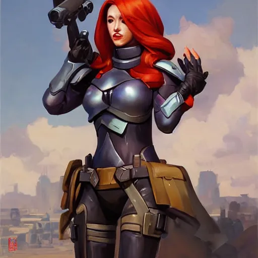 Image similar to greg manchess portrait painting of armored mara jade as overwatch character, medium shot, asymmetrical, profile picture, organic painting, sunny day, matte painting, bold shapes, hard edges, street art, trending on artstation, by huang guangjian and gil elvgren and sachin teng