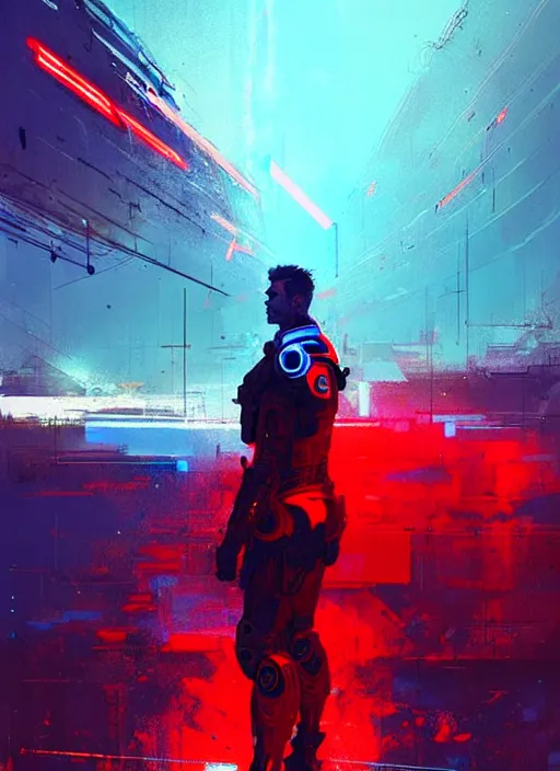 Image similar to sci - fi art, dolph lundgren as armored warrior, blue and red in the background, art by ismail inceoglu