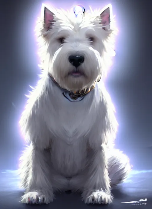 Image similar to a west highland white terrier sitting politely, facing the camera, anime art style, wearing futuristic, led - lit armor, and a cannon mounted on his back, portrait, high detail, sharp focus, digital painting, artstation, concept art, art by hayao miyazaki and artgerm and greg rutkowski and alphonse mucha.