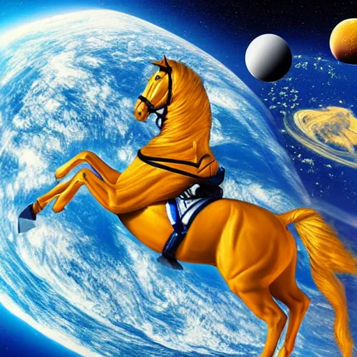 Prompt: cosmonaut horse floating in outer space, high tech space suit, highly detailed, nasa picture, realistic photograph, 4 k