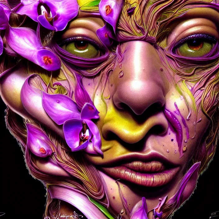 Image similar to psychedelic face made of orchid, diffuse lighting, fantasy, intricate, elegant, highly detailed, lifelike, photorealistic, digital painting, artstation, illustration, concept art, smooth, sharp focus, art by Giuseppe Arcimboldo