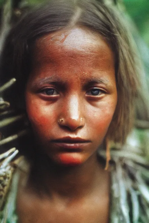 Image similar to close up portrait photography of a woman with bright eyes standing in front of forest fire, 35mm, film photo, steve mccurry