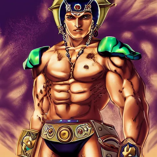 Prompt: handsome portrait of a spartan guy bodybuilder posing, radiant light, caustics, war hero, style of vento aureo cover art, style of stone ocean cover art, style of steel ball run cover art, ilya kuvishinov style, illustrated by hirohhiko araki