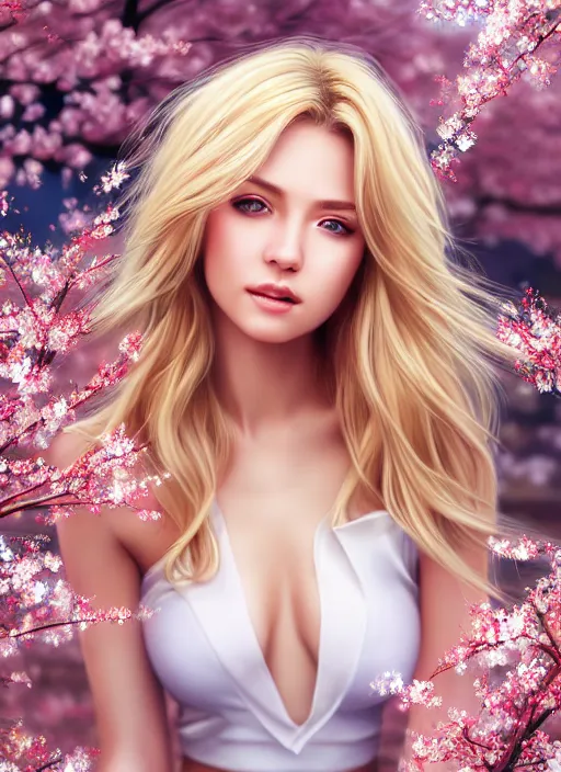 Image similar to photo of a gorgeous blonde female in the style of stefan kostic, realistic, half body shot, sharp focus, 8 k high definition, insanely detailed, intricate, elegant, art by stanley lau and artgerm, extreme blur cherry blossoms background