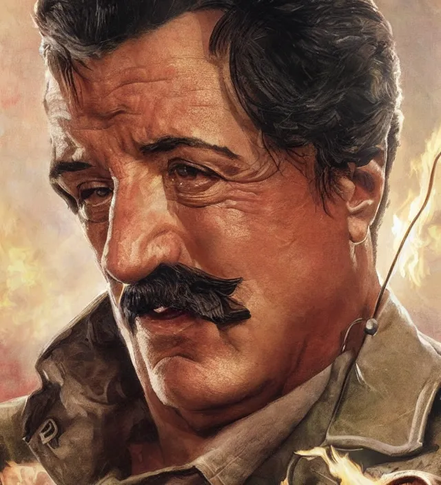 Image similar to sylvester stallone as stalin on fire,, cinematic, by greg rutowski, by greg rutkowski, by stanley artgerm, by alphonse mucha