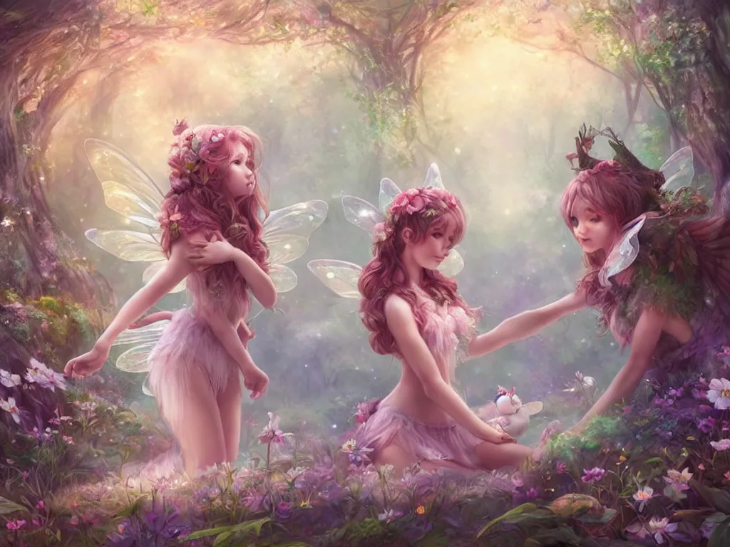 Image similar to two cute fairy in the dreamy forest, fantasy, dreamlike, 8 k resolution, hyper detailed, d & d, character design, digital painting, trending on artstation, sharp focus, illustration, art by artgerm, viktoria gavrilenko, hoang lap, fuji choko, steve zheng