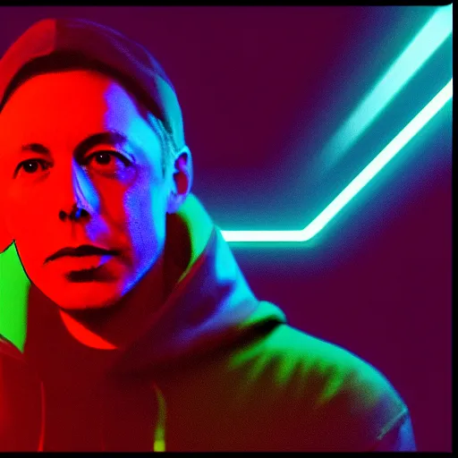 Image similar to elon in hoodie, portrait, vaporwave, synthwave, neon, vector graphics, cinematic, volumetric lighting, f 8 aperture, cinematic eastman 5 3 8 4 film, photorealistic