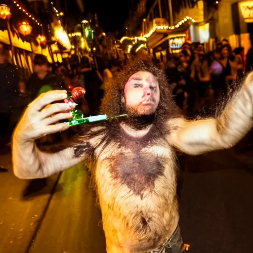 Prompt: a photograph of a werewolf doing shots on Bourbon Street on Mardi Gras, low shutter speed