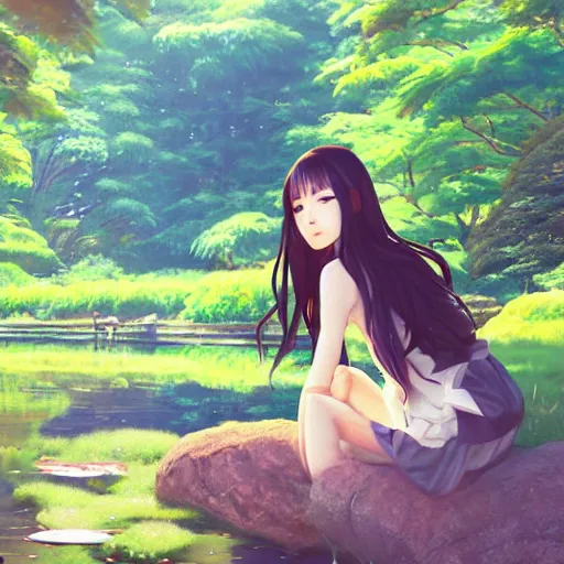 Prompt: a beautiful girl with long dark hair, sitting by a pond, japanese garden, daytime, sharp focus, intricate, artstation, official media, anime key visual, highly detailed, rich vivid colors, ambient lighting, dynamic lighting, art by Artgerm, Makoto Shinkai, Ilya Kuvshinov, Lois Van Baarle, and Rossdraws