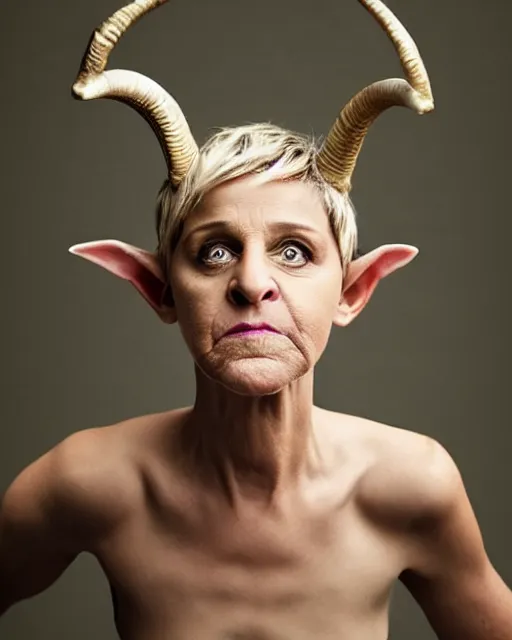 Image similar to angry ellen degeneres as a goat person, she looks like a demonic mythological satyr with yellow goat eyes with horizontal pupils, long goat like ears, and goat horns on her head, 8 k, photo shoot, 9 inch kershaw soft focus lens f / 5. 6 bokek