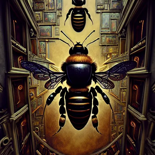 Image similar to A photorealistic 3d render of a robot Bee made of circuits wide view shot by ellen jewett , tomasz alen kopera and Justin Gerard symmetrical features, ominous, magical realism, texture, intricate, ornate, royally decorated, android format, windows, many doors, roofs, complete house , whirling smoke, embers, red adornments, red torn fabric, radiant colors, fantasy, trending on artstation, volumetric lighting, micro details, 3d sculpture, ray tracing, 8k