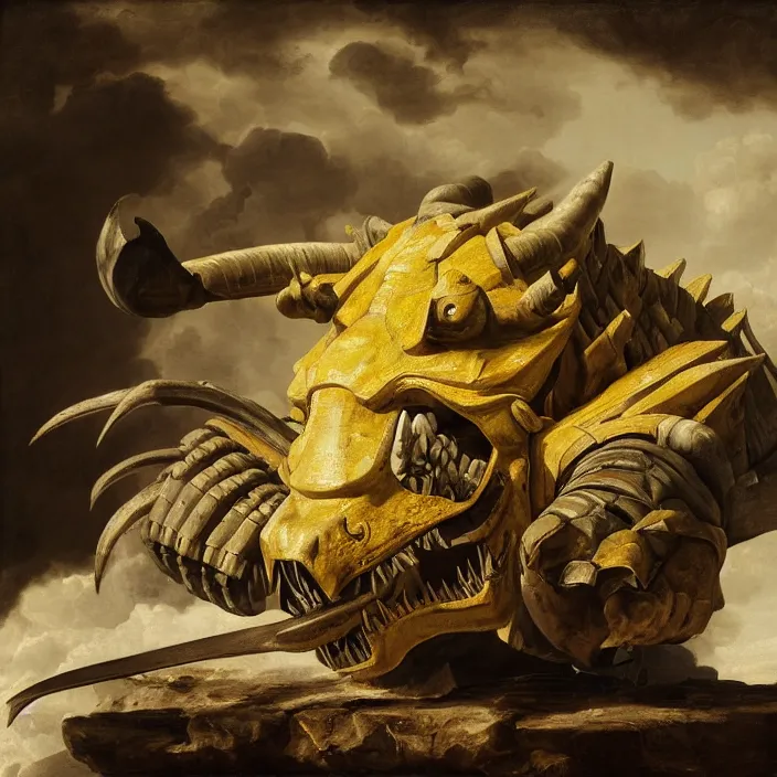 Prompt: still life painting of wargreymon by pieter claesz, oil on canvas, strong lighting, highly detailed, hyper realism, golden hour, god rays, hd, 4 k