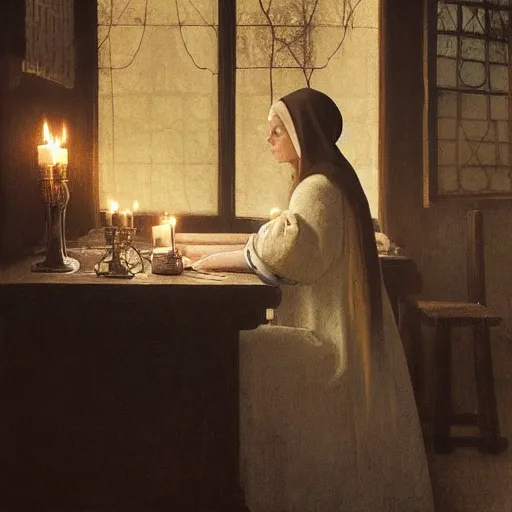Image similar to elizabeth olsen, sitting in a dark kitchen in the medieval period, the only light illuminating is a candle on the desk, illustrated by gaston bussiere and johannes vermeer, artstation, cgsociety, artstation contest winner, artstation medieval, artstation fashion, 4 k, 8 k
