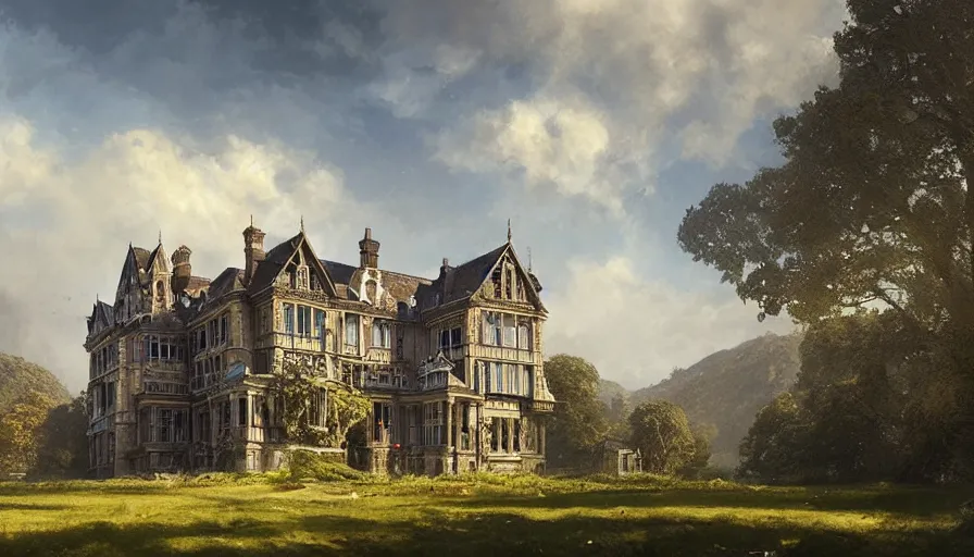 Image similar to portrait of a victorian manor house overlooking a valley, highly detailed, architecture, sunny, blue sky, cinematic lighting, highly angle, godrays, volumetric, digital art painting by greg rutkowski