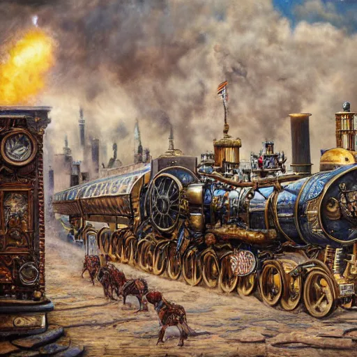 Image similar to fantasy steam punk machine walks through the center of a dallas, extremely detailed oil painting, 1 9 2 0's colored pencil, highly detailed, highly accurate, deep aesthetic, 8 k, highly ornate intricate details, cinematic lighting, rich colors, beautiful scenic view, ray tracing, hyperrealistic, photorealistic, cinematic landscape, trending on artstation, concept art,