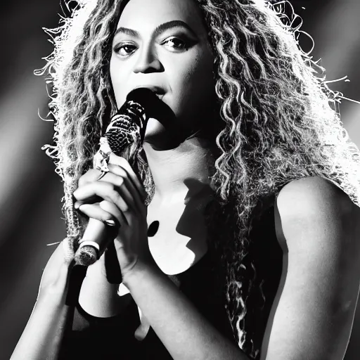 Image similar to Beyonce giving a concert, (EOS 5DS R, ISO100, f/8, 1/125, 84mm, postprocessed, crisp, facial features)