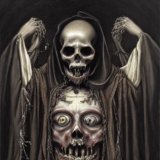 Image similar to santa muerte being awakened by a mexican death cult through a ritual, by anton semenov and gustave dore and guillermo del torro in a surreal dark horror style, oil on canvas, 8k, hd,
