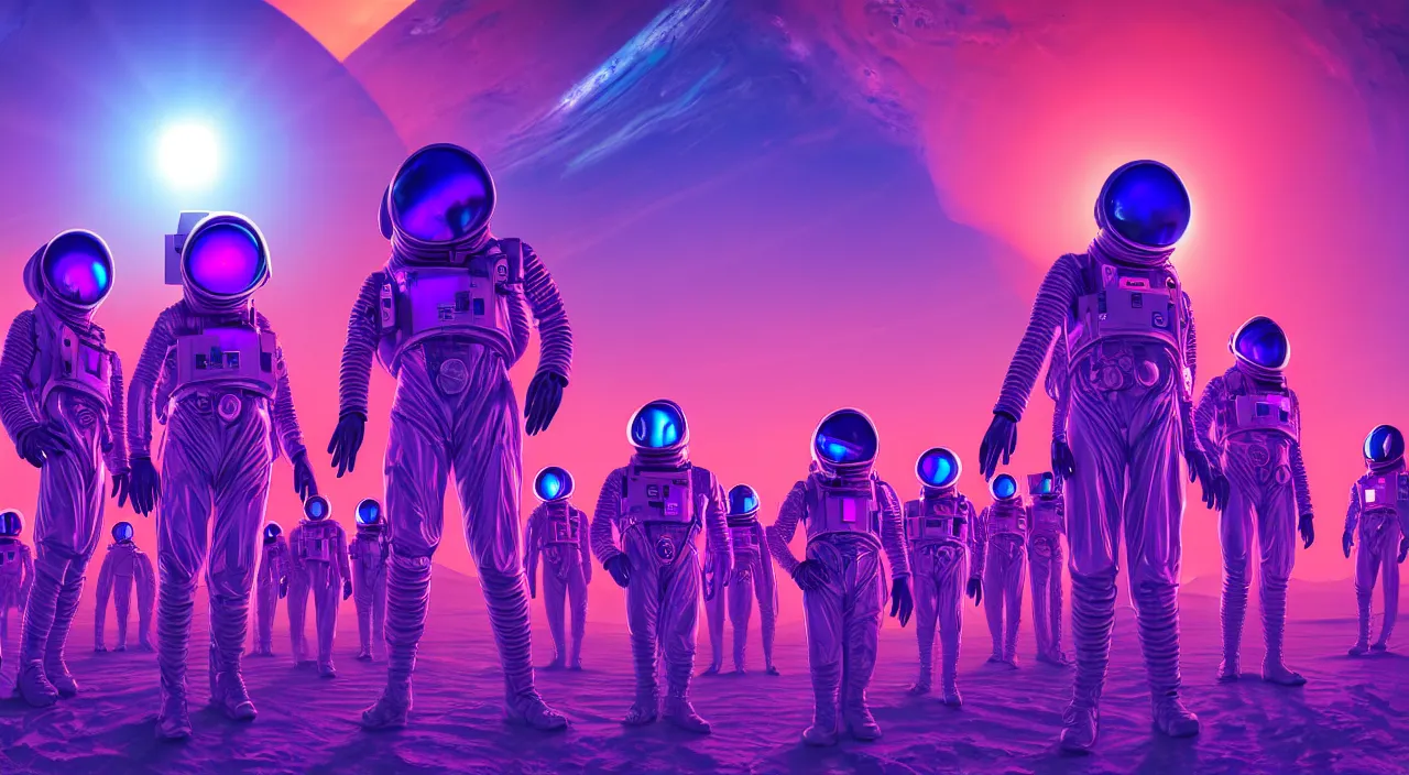 Image similar to hyper detailed neo-surreal neon purple and blue propaganda poster of mars workers from the 2050s cinematic lighting 8k wide angle shallow depth of field
