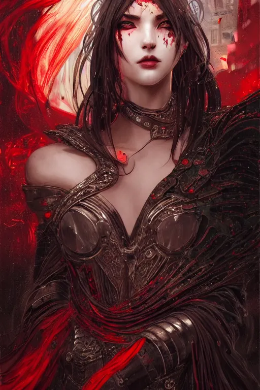 Prompt: portrait sinister knights of Zodiac girl+smoky eyes, black fire red color reflected armor, in ruined Agora of Athens rainy night, ssci-fi and fantasy, intricate and very very beautiful and elegant, highly detailed, digital painting, artstation, concept art, smooth and sharp focus, illustration, art by tian zi and WLOP and alphonse mucha