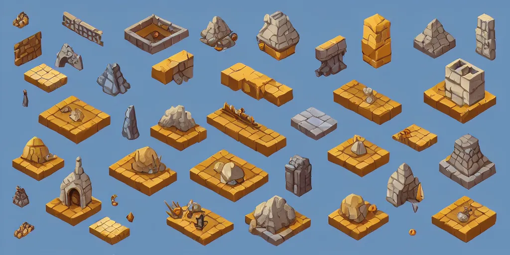 Prompt: isometric asset sheet, dungeon features, rpg, solid background, soft colors, 2 d, grid