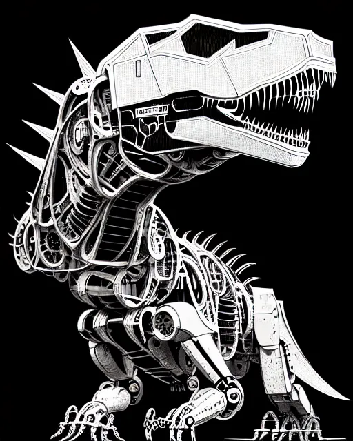 Image similar to a cyberpunk intricate mechanical robot t - rex dinosaur, transformer, high details, symmetry, bold line art, by vincent di fate and joe fenton, inking, etching, screen print, masterpiece, character concept art, trending on artstation, sharp, high contrast, hyper detailed,, hd, 4 k, 8 k