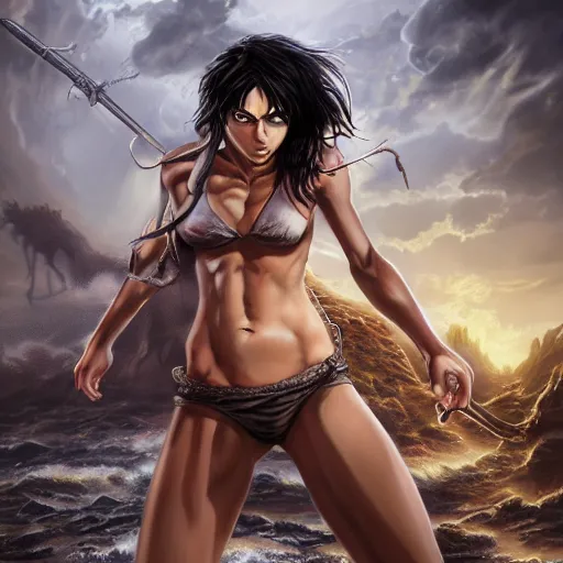 Prompt: eren yeager concept art, detailed oil painting, girl in bikini fighting a monstaer, highly detailed, highly accurate, deep aesthetic, 8 k, highly ornate intricate details, cinematic lighting, rich colors, ray tracing, hyperrealistic, photorealistic, cinematic landscape, trending on artstation,