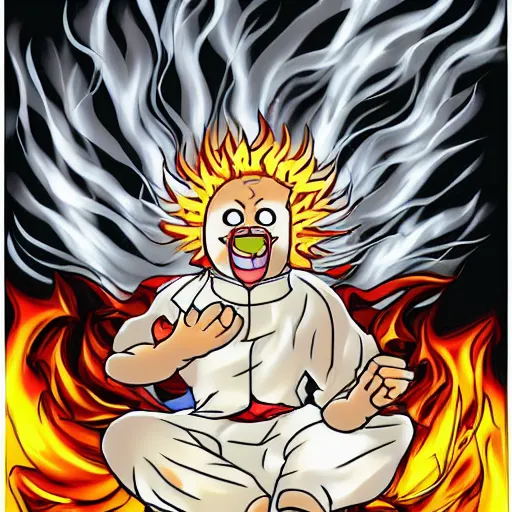 Image similar to fluffy exploding popcorn elemental spirit, in the style of a manga character, with a smiling face and flames for hair, sitting on a lotus flower, clean composition, symmetrical