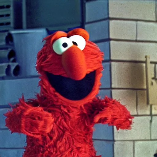 Prompt: elmo from the sesame street committing arson