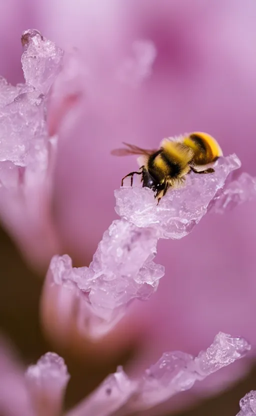 Image similar to a bee finding a beautiful flower, under a layer of ice, beautiful macro photography, ambient light