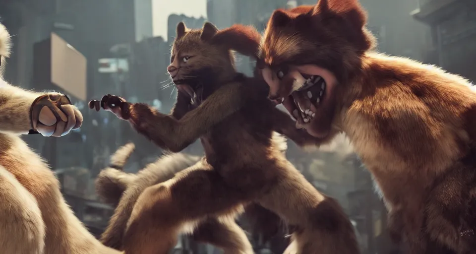 Image similar to nicolas cage beating up furry cosplayers, 8 k, octane render, choreographed fight scene, composition, shot by director park chan - wook