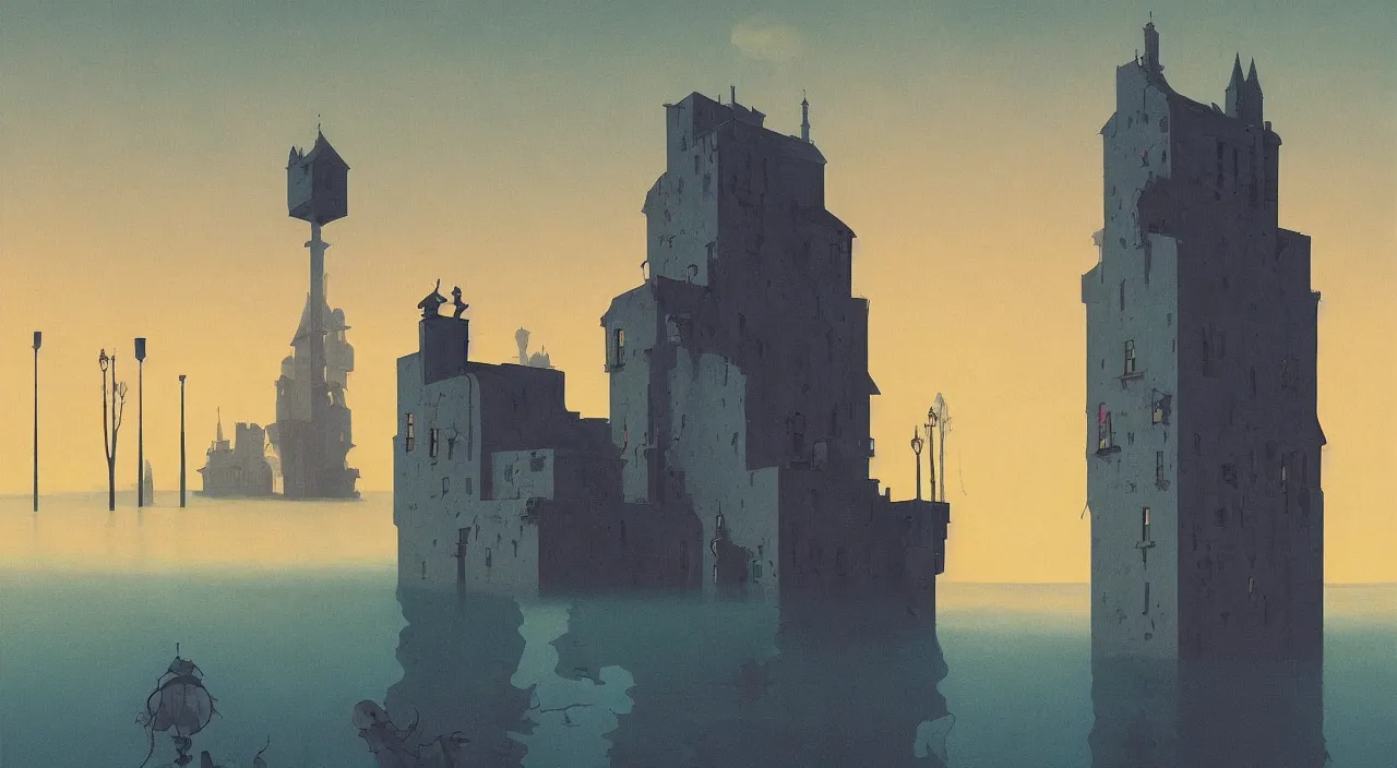 Prompt: single flooded simple horror tower, very coherent and colorful high contrast!! masterpiece by rene magritte simon stalenhag carl spitzweg syd mead norman rockwell edward hopper james gilleard, minimalist, dark shadows, sunny day, hard lighting