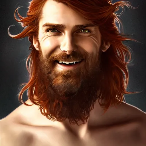 Prompt: portrait of a young ruggedly handsome but joyful pirate, male, masculine, upper body, red hair, long flowing hair, d & d, fantasy, mischievous smirk, intricate, elegant, highly detailed, digital painting, artstation, concept art, matte, sharp focus, illustration, art by artgerm and greg rutkowski and alphonse mucha