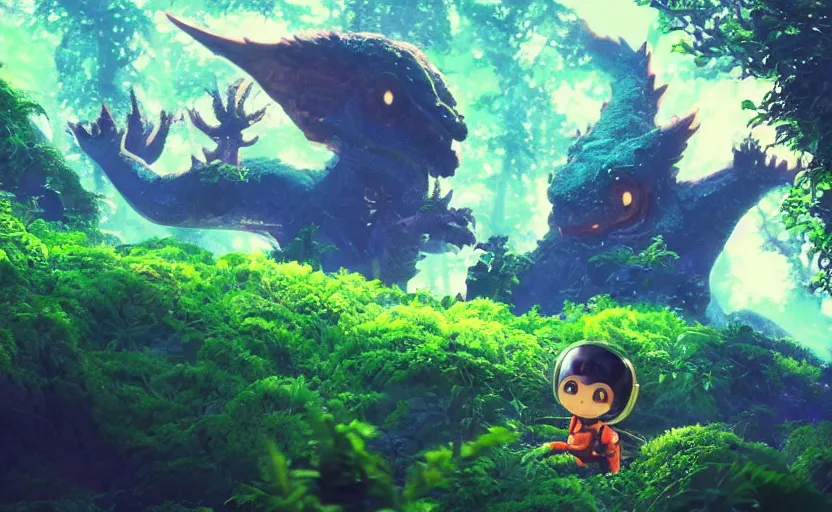 Image similar to a still of a cute adorable tiny astronaut, on a planet of lush colorful foliage, with an enormous kaiju dragon surrounding the full background, magical forest, sharp focus, neon backlit, highly detailed, disney pixar studio ghibli makoto shinkai, digital painting, matte, octane render, global illumination, iridescent, anime, 8 k concept art