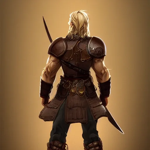 Prompt: full body rear side portrait of a muscular, ponytail haired blonde man in his late 30's with only one arm armored, wearing a thick brown leather coat, looking to his side, DnD character, fantasy character, digital art by Donglu Yu