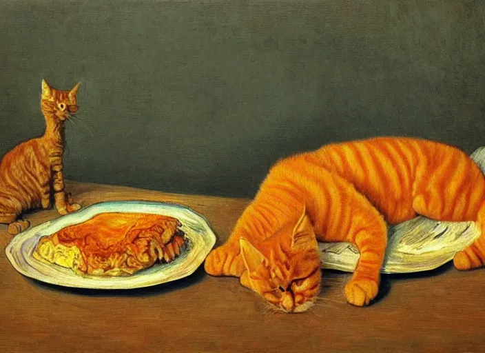 Image similar to detailed realistic realism painting of orange tabby cat eating lasagna at dusk, in the style of vincent van gogh and salvador dali and leonardo da vinci