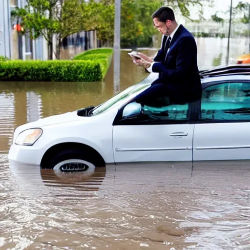 Image similar to A photo of a man in suit sitting on the top of a car in a flooded street, looking at his phone