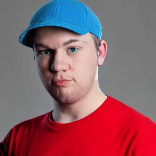 Image similar to a full body shot of an average white, short young - adult man with blue dyed hair holding a microphone, wearing a red backwards cap, white t - shirt with a red no symbol on it, blue long pants and red shoes