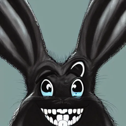 Image similar to A extremely highly detailed majestic hi-res beautiful, highly detailed head and shoulders portrait of a scary terrifying, horrifying, creepy maniacal crazy black cartoon rabbit with scary big eyes, earing a shirt laughing maniacally , let's be friends, in the style of a Walt Disney cartoon